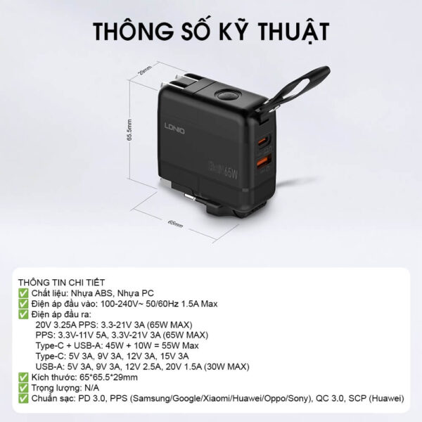 [362] Củ sạc du lịch đa quốc gia 65W LDNIO Q2618 - Metroshop